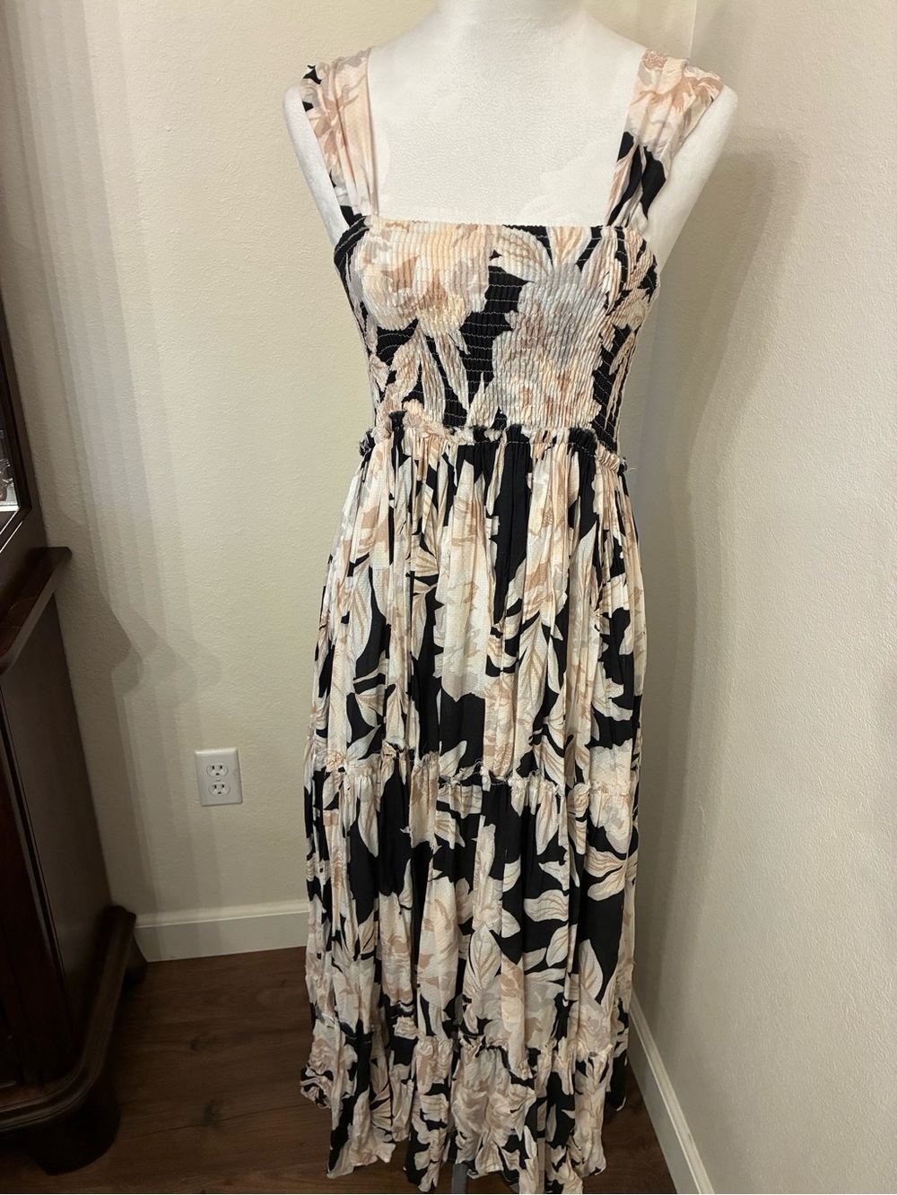 EVARAE Floral Smocked Maxi Dress in Black and Cream